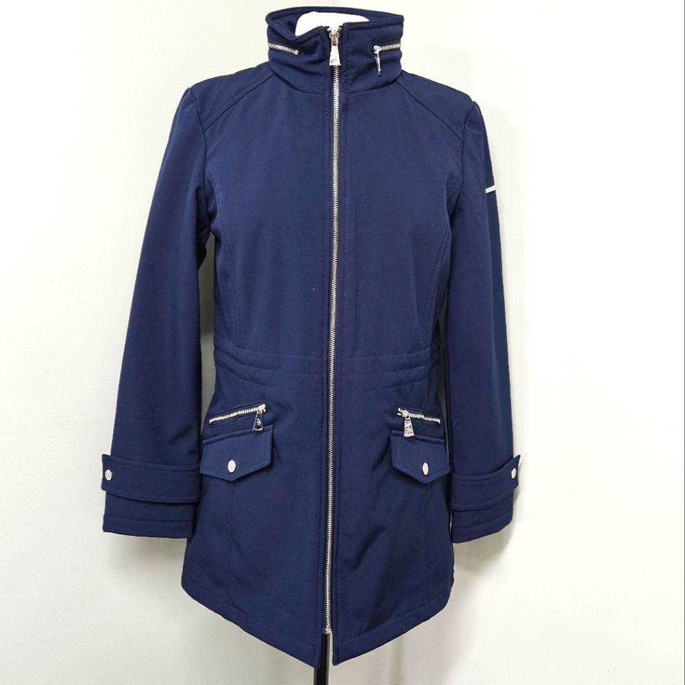 Dennis Basso Womens Jacket Navy Blue Water Resistant Hidden Hood NWOT